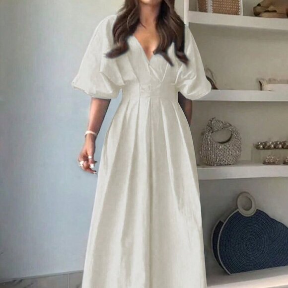 Apricot Casual Women's V-Neck Waist-Cinching Pleated Batwing Long Dress - Picture 1 of 5